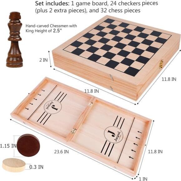 Wooden Fast Sling Puck Set Kids and Adults, Chess, Checkers, Tic Tac Toe Games - Picture 3 of 6